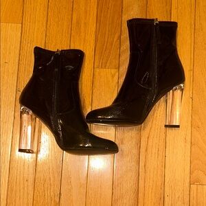 Black Patent Leather Ankle Boots with Clear Heels